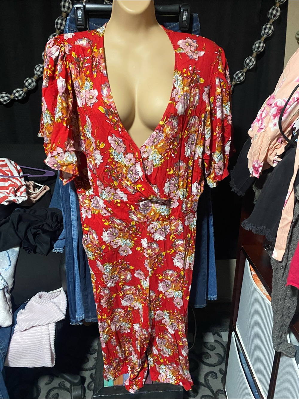 Red Floral V-Neck Jumpsuit
